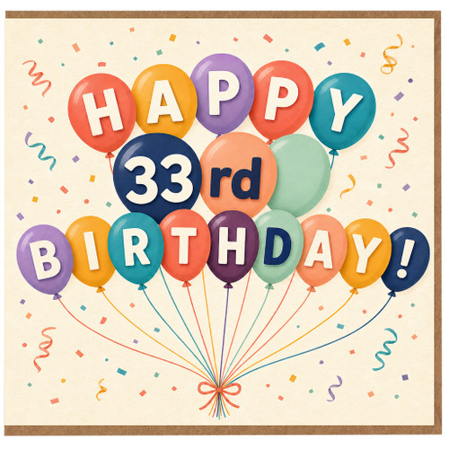 33rd Birthday Card, Happy Birthday Balloon Design