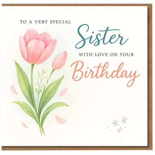 To a Very Special Sister Birthday Card - With Love on Your Birthday - Watercolour Pink Tulip Floral Design, Heartfelt
