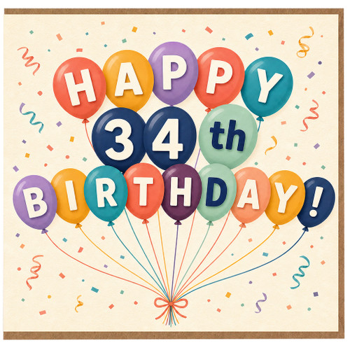 34th Birthday Card, Happy 34th Birthday Balloon Card