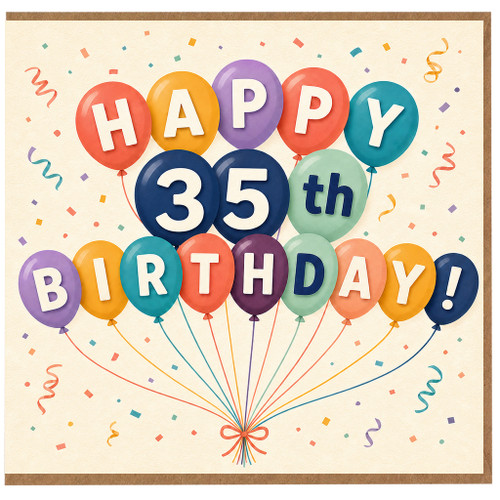 35th Birthday Card, Colourful Balloon Happy Birthday Card