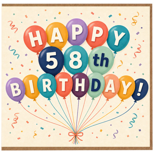 58th Birthday Card, Colourful Balloon Birthday Card