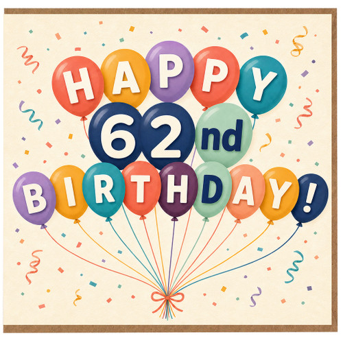 62nd Birthday Card, Happy 62nd Birthday Balloon Design Card