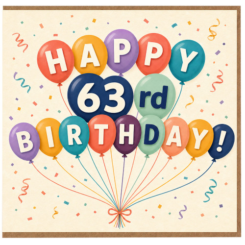 63rd Birthday Card, Colourful Balloon Happy Birthday Card