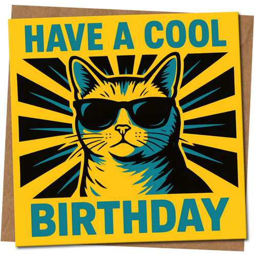 Funny Birthday Card - Cool Cat in Sunglasses - Bright Yellow - For Cat Lovers, Friends or Family - 145mm x 145mm Square -, Includes Kraft Envelope
