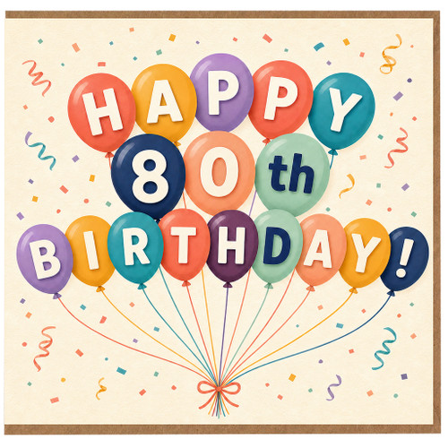 80th Birthday Card, Colourful Balloon Happy Birthday Design