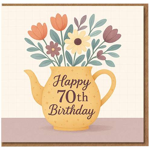 Happy 70th Birthday Card - Floral Teapot with Wildflowers Illustration