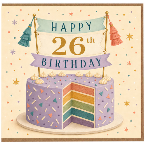 26th Birthday Card, Happy Birthday Cake Design