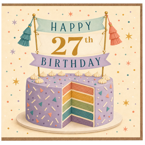 27th Birthday Card, Happy Birthday Cake Design