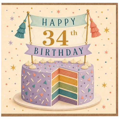 34th Birthday Card, Happy 34th Birthday Cake Design