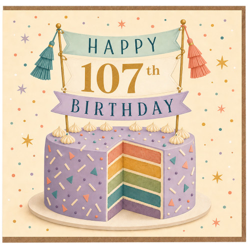 107th Birthday Card, Happy 107th Birthday Cake Banner Design