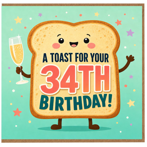 34th Birthday Card, Cute Toast Character with Champagne Glass, Funny Birthday Card