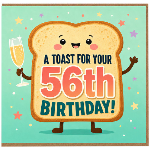 56th Birthday Card, Cute Toast Character Birthday Card with Champagne Glass