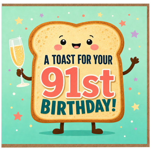 91st Birthday Card, Cute Toast Character Birthday Card