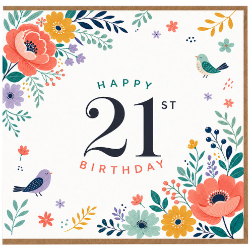 21st Birthday Card, Floral Birds Happy 21st Birthday Card
