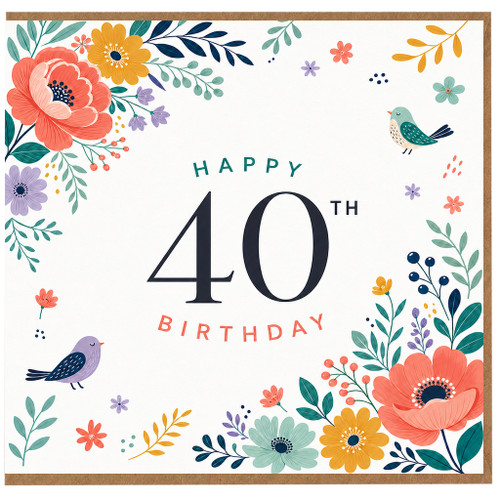 40th Birthday Card, Floral Bird Design Happy Birthday Card