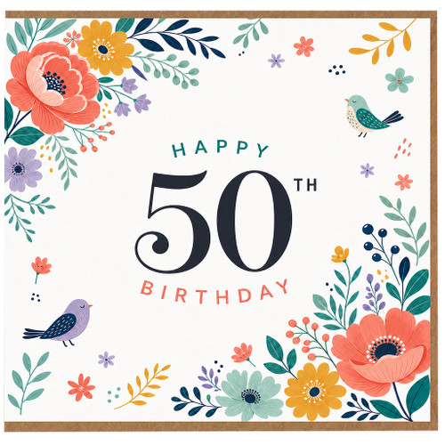 50th Birthday Card, Floral Happy 50th Birthday Card with Birds