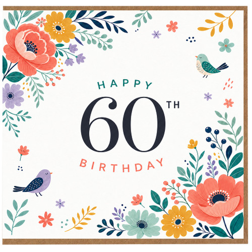 60th Birthday Card, Happy 60th Birthday Floral Bird Card