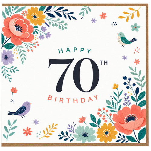 70th Birthday Card, Floral Happy Birthday Card with Birds