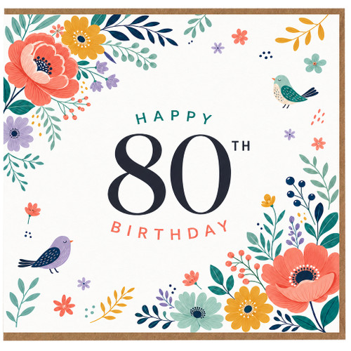 80th Birthday Card, with Floral Bird Design