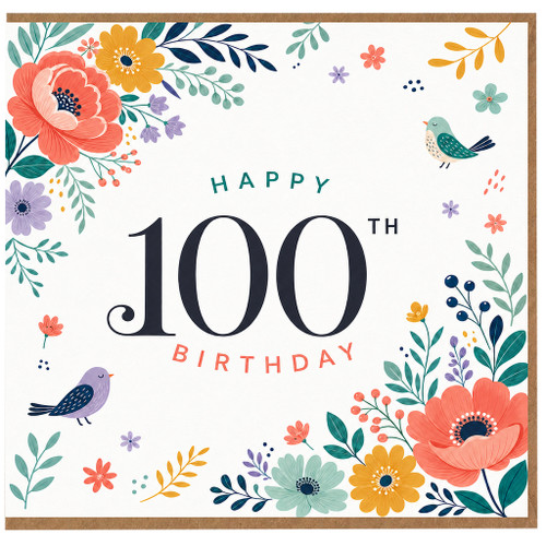 100th Birthday Card, Floral Birds Happy Birthday Card