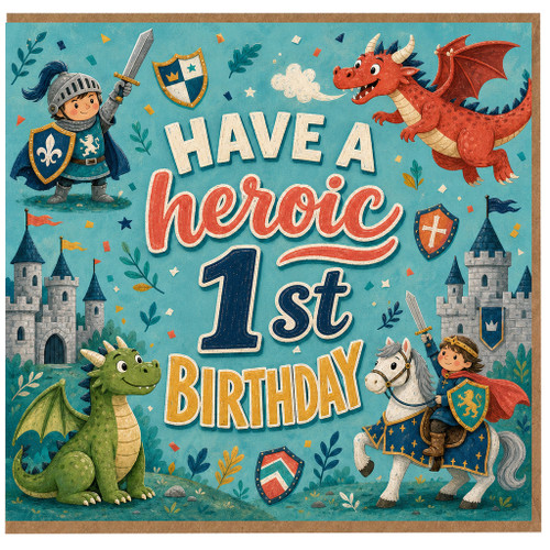 1st Birthday Card, Heroic Knight and Dragon Theme