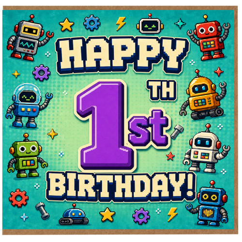1st Birthday Card, Retro Pixel Robot Birthday Card
