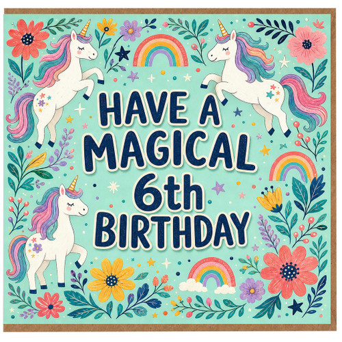 6th Birthday Card, Magical Unicorn Birthday Card