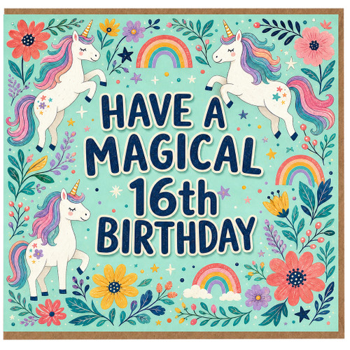 16th Birthday Card, Magical Unicorn and Rainbow Birthday Card