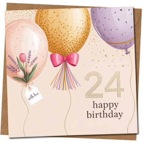 24th Birthday Card - Balloons & Confetti Design, 145mm x 145mm Square Greeting Card - Elegant Happy Birthday for Adults, Friends & Family, Includes Kraft Envelope