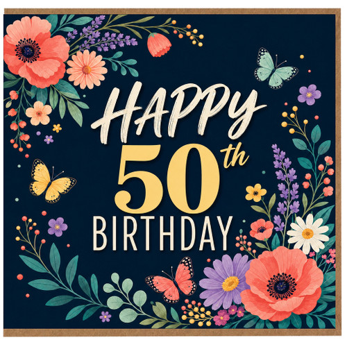 50th Birthday Card, Happy 50th Birthday Floral Butterfly Card