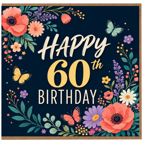 60th Birthday Card, Floral Butterfly Design