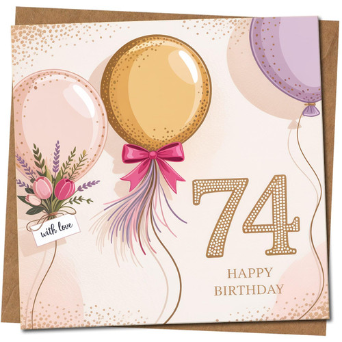 74th Birthday Card, Elegant Balloons and Confetti Design, 145mm x 145mm Square, Happy Birthday, Includes Kraft Envelope