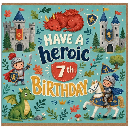 7th Birthday Card, Have a Heroic Birthday Medieval Dragon and Knight Design