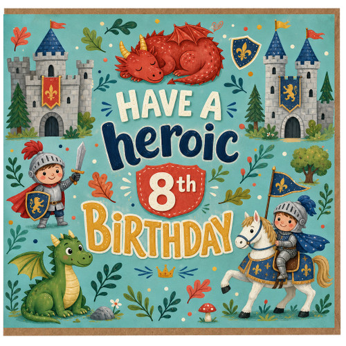 8th Birthday Card, Have a Heroic Birthday, Medieval Knight and Dragon Card