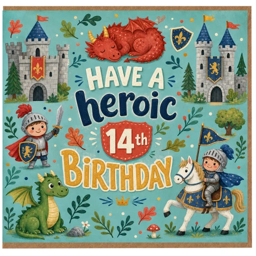 14th Birthday Card, Heroic Medieval Fantasy Dragon and Knight Birthday Card