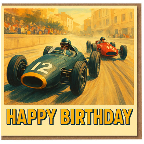 Happy Birthday Card - Vintage Grand Prix Racing Cars 12 & 15 - Motorsport Fan Card for Him, Dad, Son, Boyfriend, Petrolhead