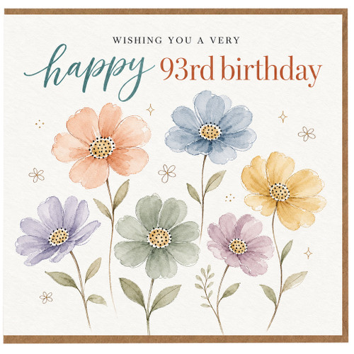 93rd Birthday Card, Watercolour Floral Happy 93rd Birthday Card