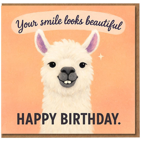 Cute Llama Birthday Card - 'Your Smile Looks Beautiful' Alpaca Illustration, Happy Birthday Message for Friends, Family or Colleagues