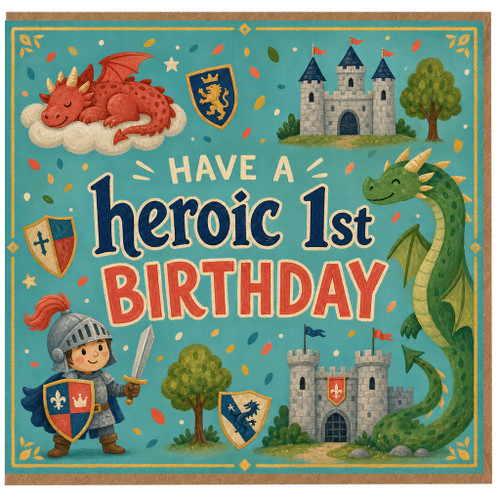 1st Birthday Card, Heroic Dragon and Knight Castle Design