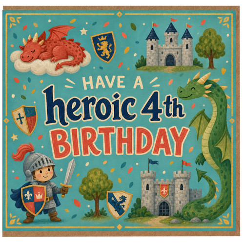 4th Birthday Card, Heroic Dragon and Knight Birthday Card