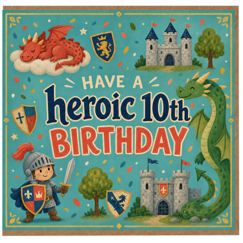 10th Birthday Card, Heroic Dragon and Knight Fantasy Birthday Card