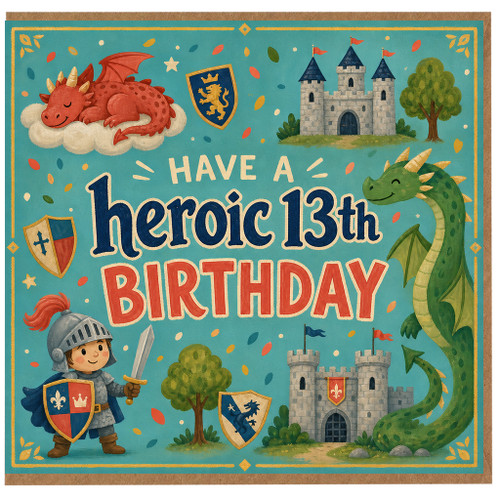 13th Birthday Card, Heroic Medieval Dragon and Knight Design