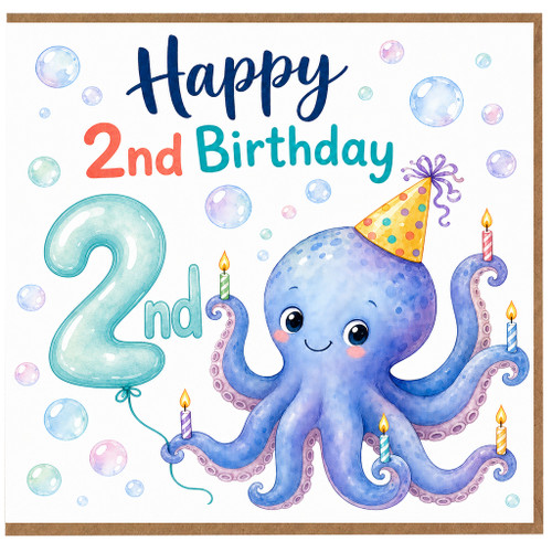 2nd Birthday Card, Cute Octopus Happy Birthday Card