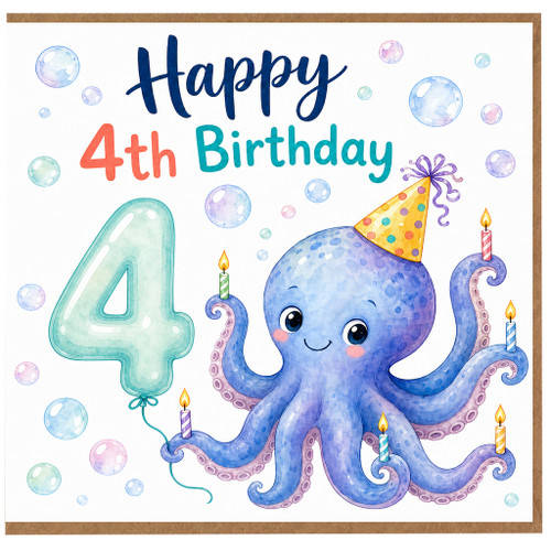 4th Birthday Card, Cute Octopus Happy 4th Birthday Card