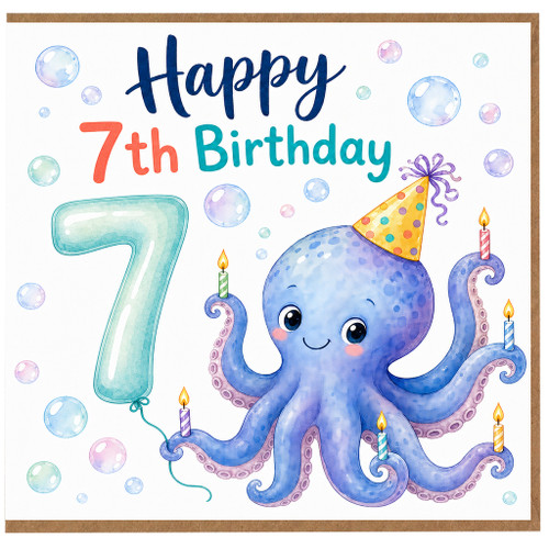 7th Birthday Card, Cute Octopus Party Design