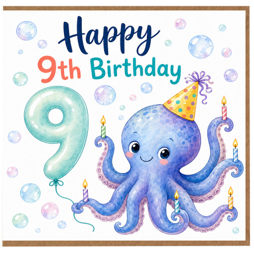 9th Birthday Card, with Cute Octopus and Balloon Design