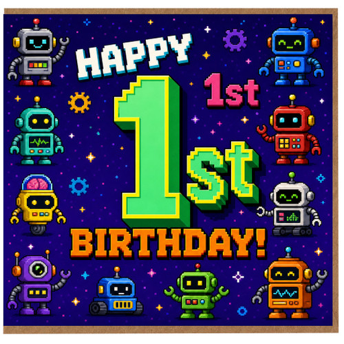 1st Birthday Card, Retro Robot Pixel Art Happy Birthday Card