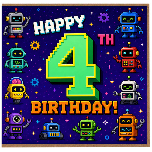 4th Birthday Card, Retro Robot Pixel Art Happy Birthday Card