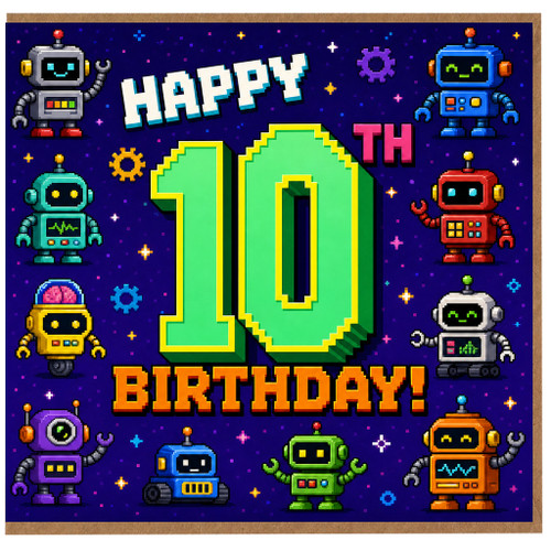 10th Birthday Card, Retro Robots Happy 10th Birthday Card