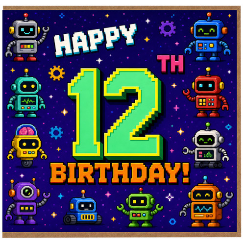 12th Birthday Card, Retro Robot Pixel Art Design